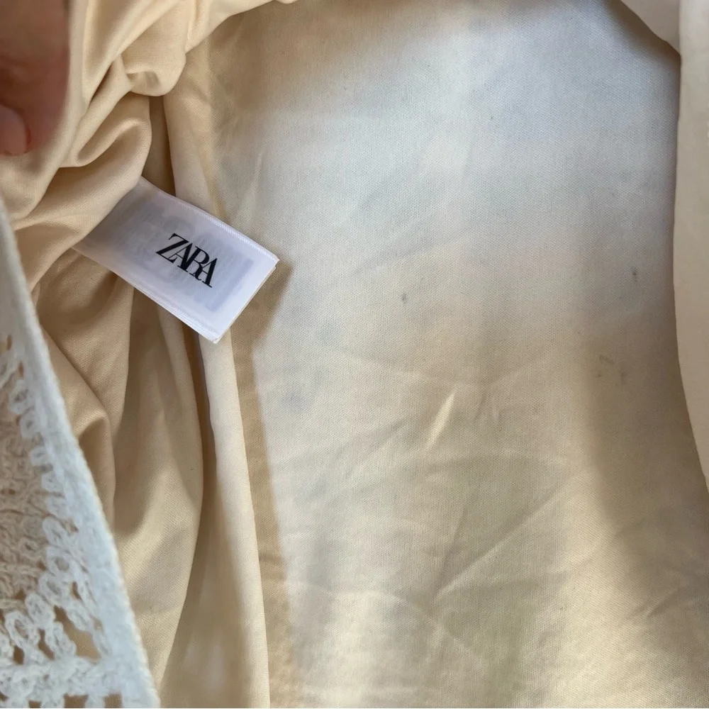 Zara Medium White and Tan Crochet Mini Summer | Boho Dress - Picture 9 of 9